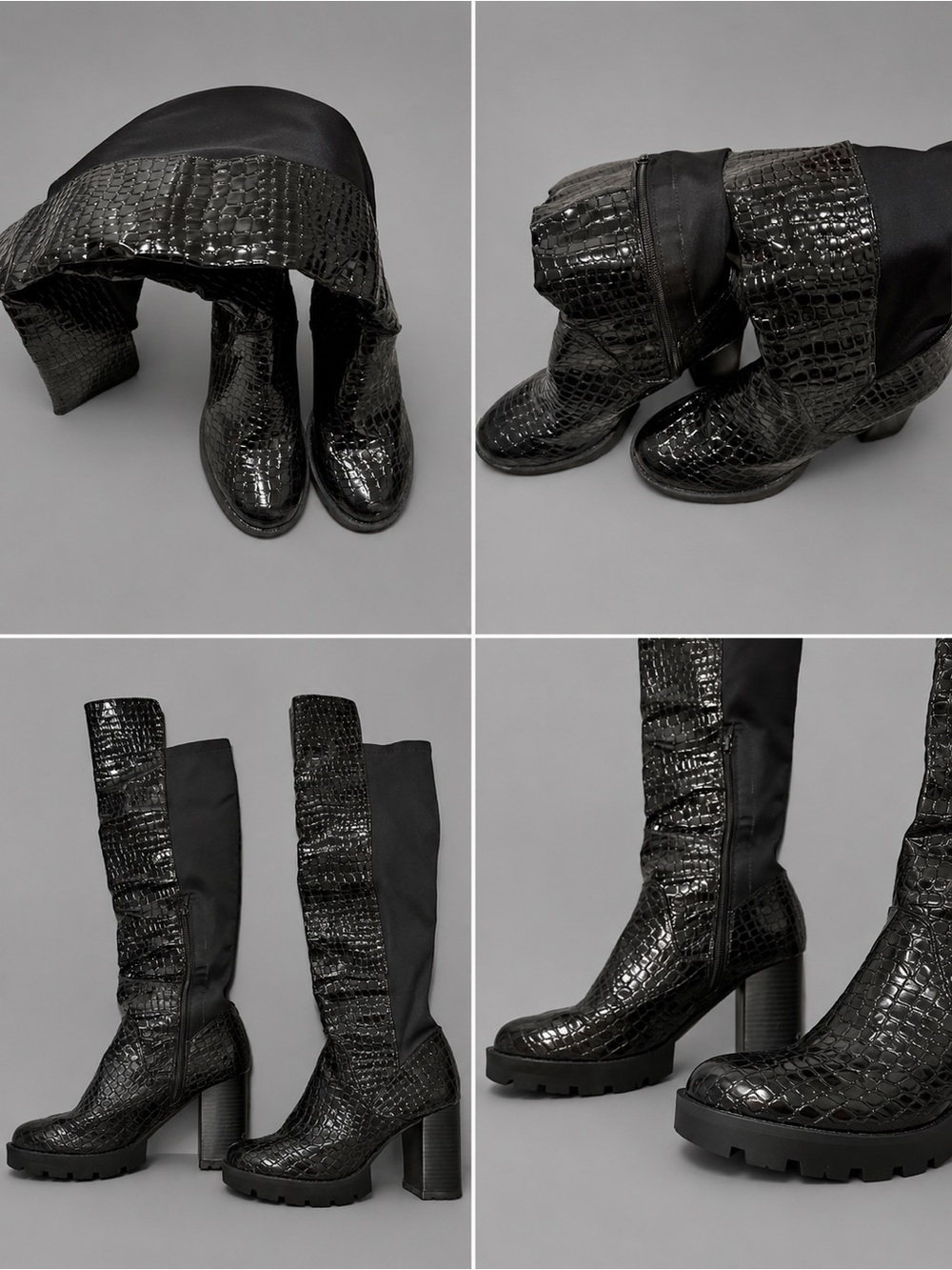 Black Croc-Embossed Knee-High Platform Boots - Women